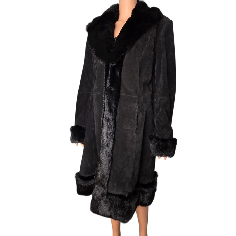 Q.U.E. Black Genuine Suede Leather Coat Rabbit Fur Trim Vintage XL Fits S/M